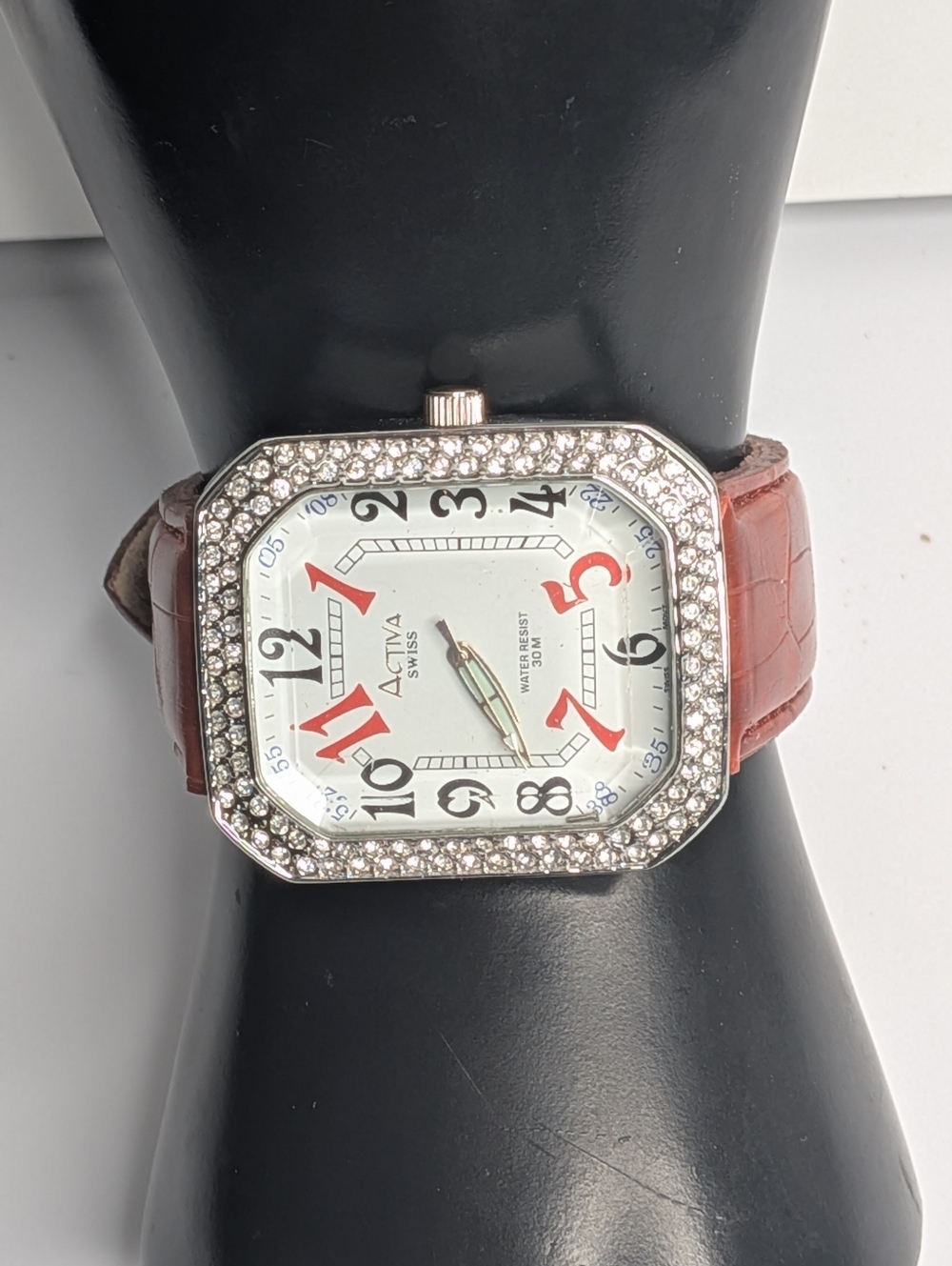 Vintage Activa Watch Swiss Rhinestone Crystal Bezel Brown Faux Croc Strap 30M - Picture 2 of 11